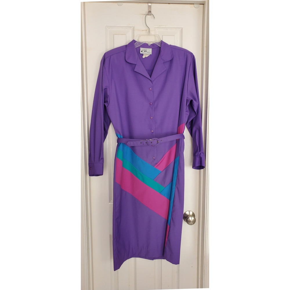 Willi of California Shirt Dress Purple Colorblock Belted Vintage 80s SZ 8
